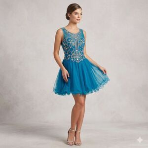 👗 Splash Caribbean Blue Beaded Sequin Tulle Mini Homecoming Prom Dress Size 4